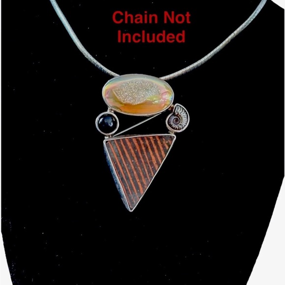 Artisan Silver Druzy Quartz + Black Star Diopside + Ammonite Fossil Pendant/Pin - Picture 2 of 11